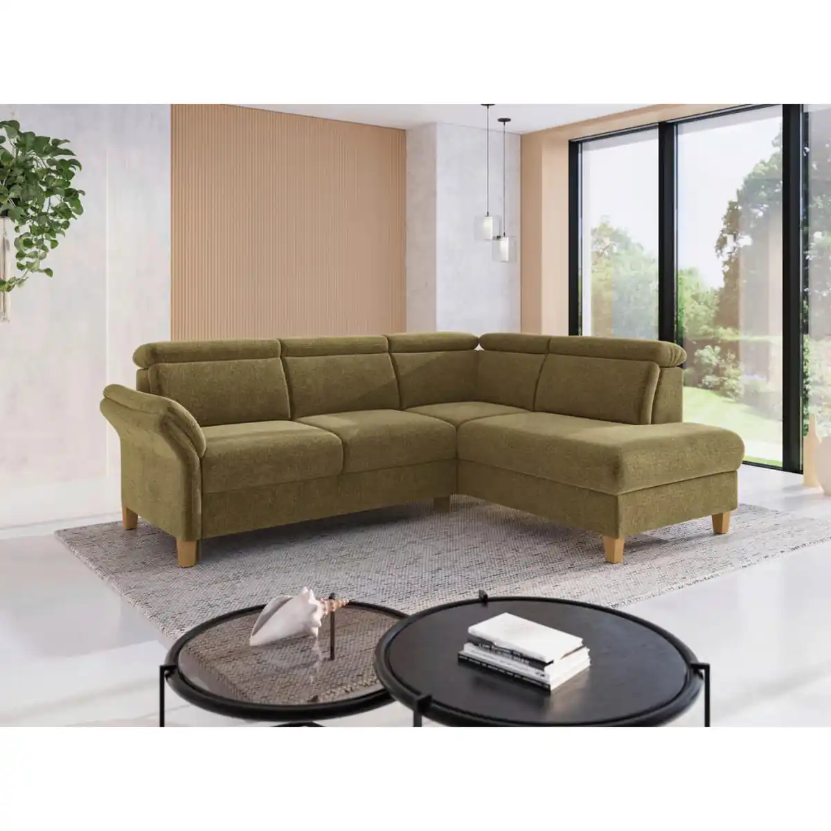 Bild 1 von Sit & More Ecksofa Glendale E, Olivgrün, Textil, Eiche, massiv, 5,5-Sitzer, Ottomane rechts, L-Form, 247x193 cm, Goldenes M, Oeko-Tex® Standard 100, Made in Europe, DGM-Klimapakt, Rücken echt, Arm