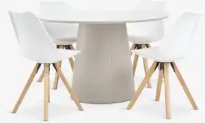 KLIPLEV Ø120 Tisch Travertin + 4 BLOKHUS Stühle weiß