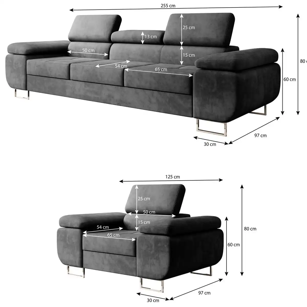 Bild 4 von Polstergarnitur Miami 3-3-1 Samtstoff Grau Anthrazit mit Bett Kopfteilverstellung Bett Schlafsofa