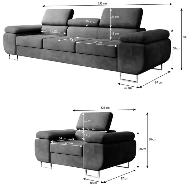 Bild 4 von Polstergarnitur Miami 3-3-1 Samtstoff Grau Anthrazit mit Bett Kopfteilverstellung Bett Schlafsofa