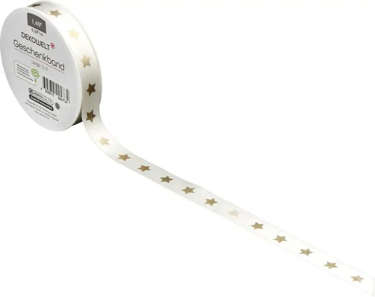 Bild 2 von DEKOWELT Geschenkband Sterne weiß/gold, 4 m