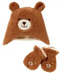 Mütze + Handschuhe aus Teddyfleece, braun