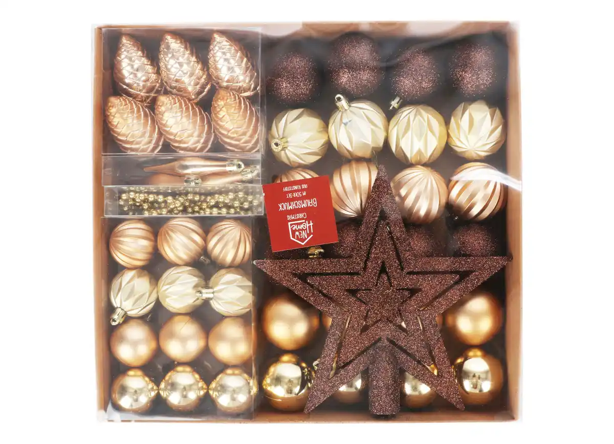 Bild 1 von Weihnachts-Baumschmuck aus Kunststoff 50-teilig Braun/Gold