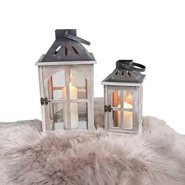 Bild 1 von 2teiliges-Set Holzlaternen mit Metalldach