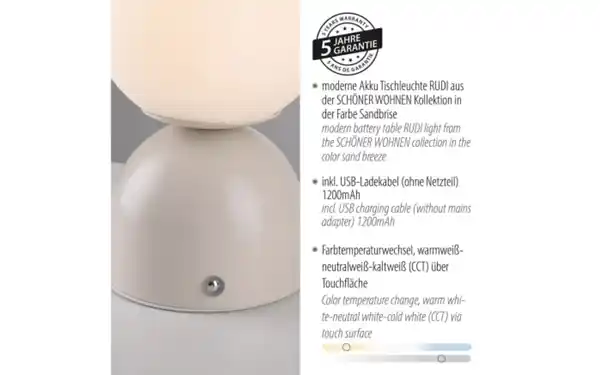 Bild 4 von LED-Akkutischleuchte Rudi, sandfarbig, inkl. CCT Funktion