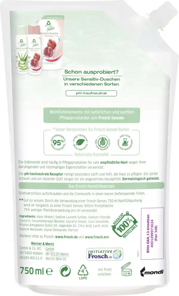 Bild 2 von Frosch Senses Cremeseife Mandel Nachfüllbeutel, 750 ml
