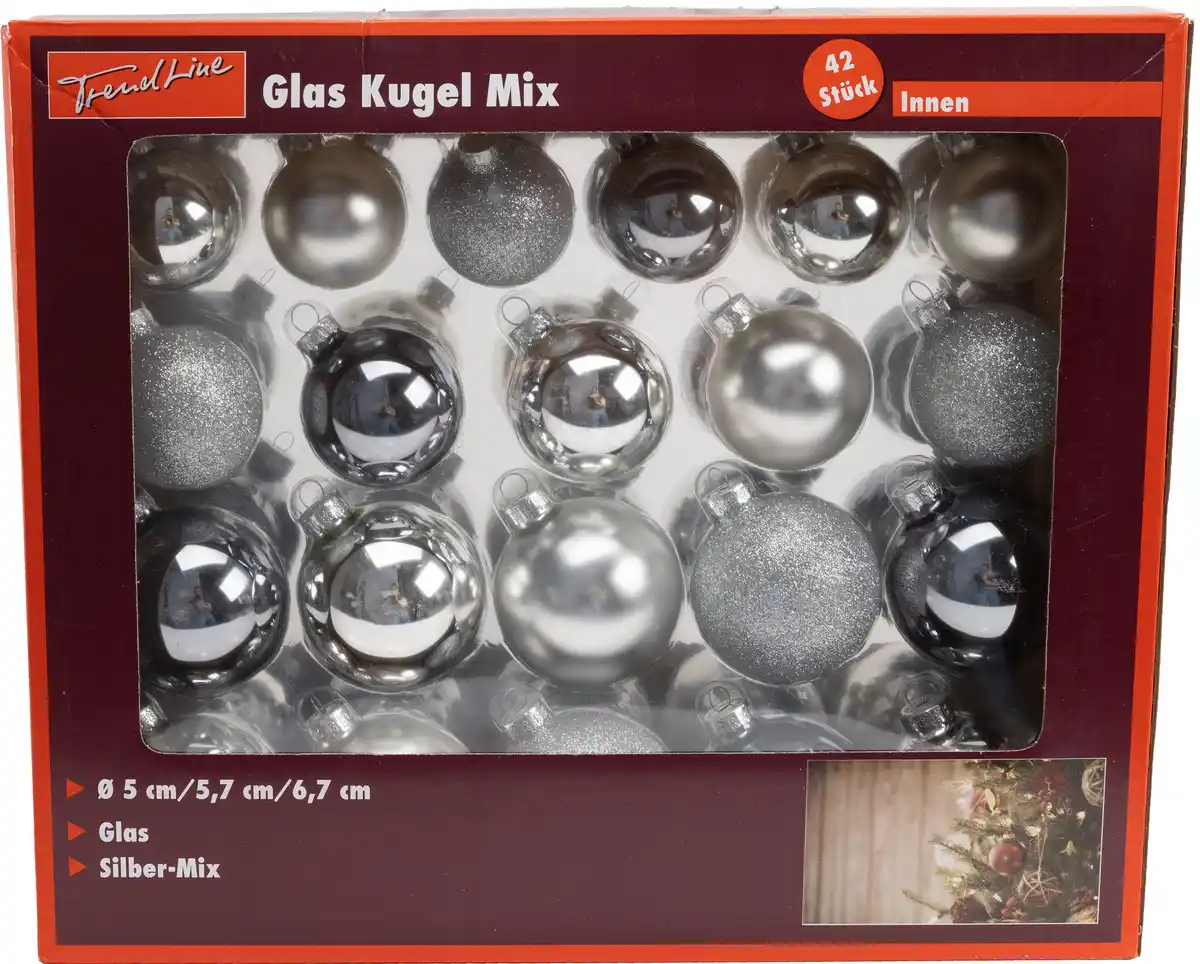 Bild 1 von TrendLine Weihnachtskugeln aus Glas Ø 5/ 5,7/ 6,7 cm silber 42 Stück