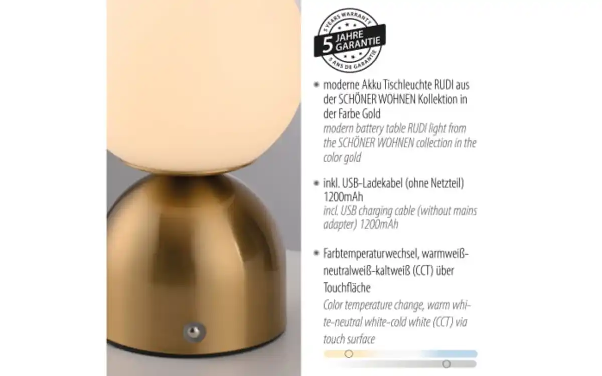 Bild 4 von LED-Akkutischleuchte Rudi Schöner Wohnen, goldfarbig, inkl. CCT Funktion