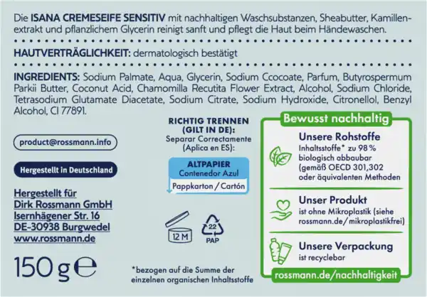 Bild 2 von ISANA Cremeseife sensitiv Seifenstück, 150 g