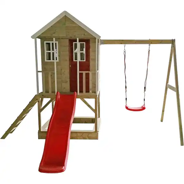Bild 1 von Wendi Toys Holz-Stelzenhaus 'Alpaka' natur mit Rutsche, Schaukel und Sandkasten 290 x 350 x 242 cm