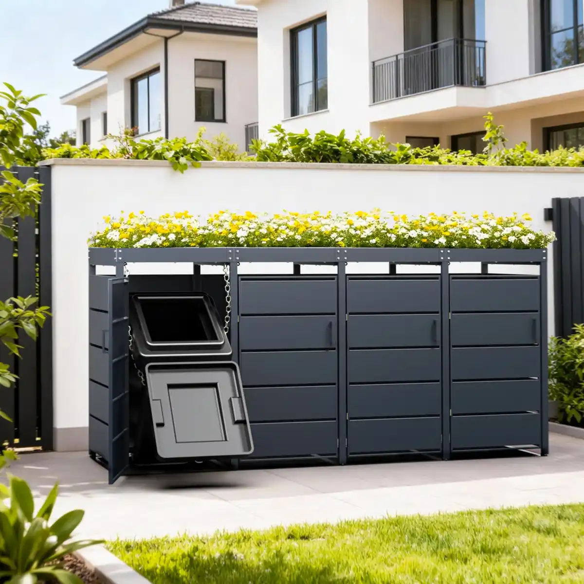 Bild 3 von Mülltonnenbox für 4 Mülltonnen mit Pflanzdach aus Edelstahl, ca. 260 x 80 x 124 cm - Anthrazit