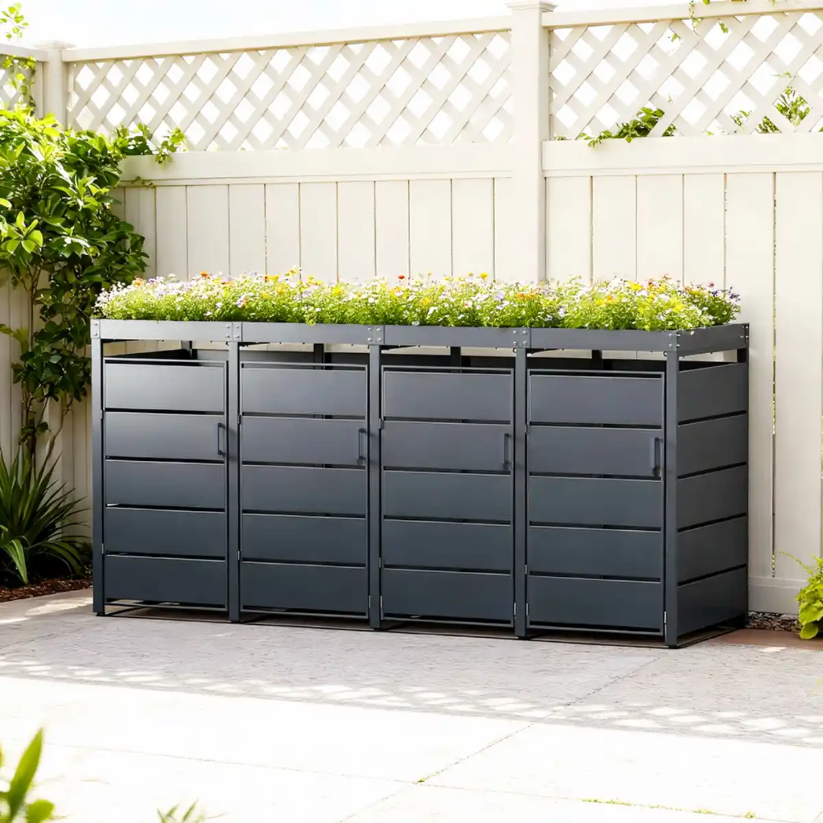 Bild 2 von Mülltonnenbox für 4 Mülltonnen mit Pflanzdach aus Edelstahl, ca. 260 x 80 x 124 cm - Anthrazit