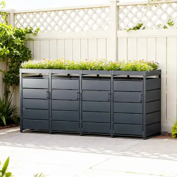 Bild 2 von Mülltonnenbox für 4 Mülltonnen mit Pflanzdach aus Edelstahl, ca. 260 x 80 x 124 cm - Anthrazit