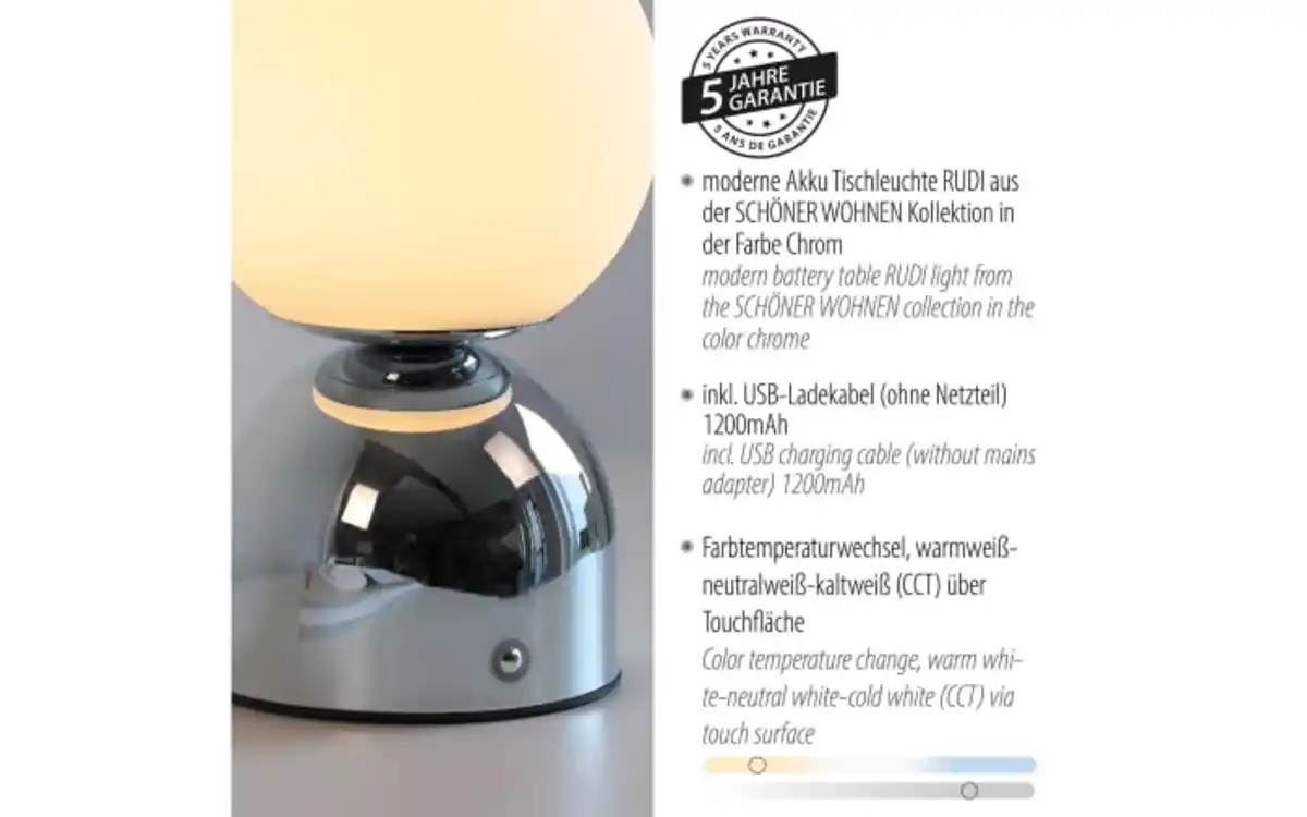 Bild 3 von LED-Akkutischleuchte Rudi Schöner Wohnen, chromfarbig, inkl. CCT Funktion