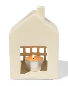 Teelichthalter, 8,4 × 14,3 × 10 cm, Keramik, Haus, creme