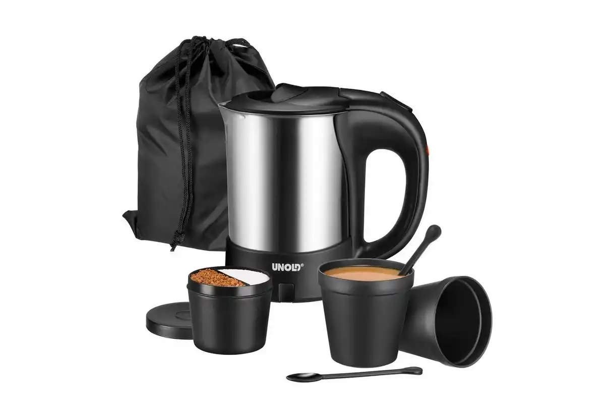 Bild 1 von Unold Wasserkocher 18575, 0,5 l, 1000 W, inkl. 2 Becher, 2 Löffel, Behälter für Zutaten und Aufbewahrungsbeutel