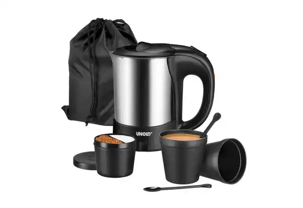Bild 1 von Unold Wasserkocher 18575, 0,5 l, 1000 W, inkl. 2 Becher, 2 Löffel, Behälter für Zutaten und Aufbewahrungsbeutel