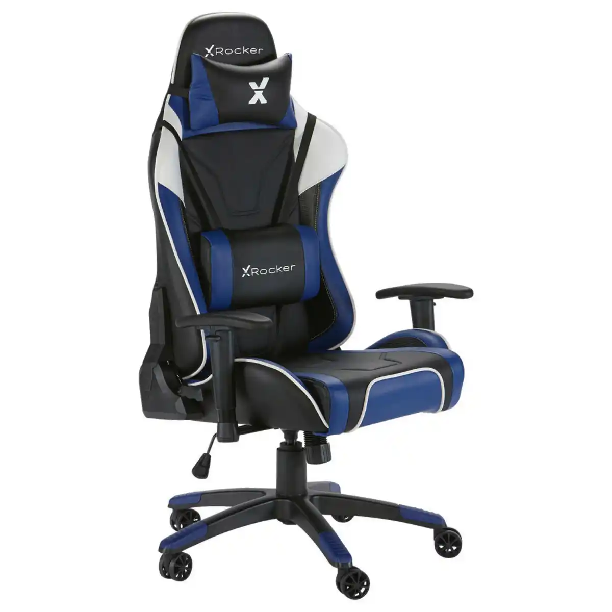 Bild 1 von X Rocker Gamingstuhl, Blau, Schwarz, Metall, Kunststoff, Textil, Drehkreuz, 59.9x122x66 cm, Wippfunktion, Sitzfläche 360° drehbar, abwischbar, Nackenkissen abnehmbar, Lendenkissen ergonomische Rüc