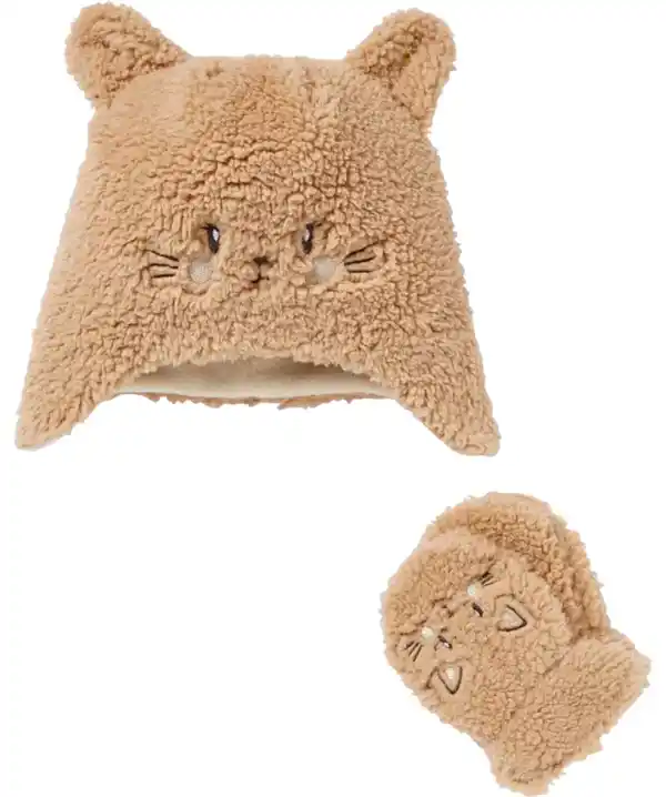Bild 1 von Mütze + Handschuhe aus Teddyfleece, hellbraun