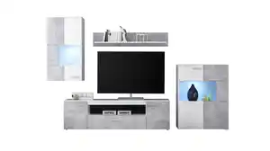 Wohnwand weiß - Betonoptik 290 cm mit LED-Beleuchtung - VULCAN
