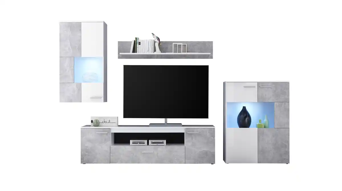 Bild 1 von Wohnwand weiß - Betonoptik 290 cm mit LED-Beleuchtung - VULCAN