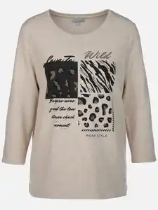 Damen Flauschshirt mit Print und Glitzersteinchen Beige