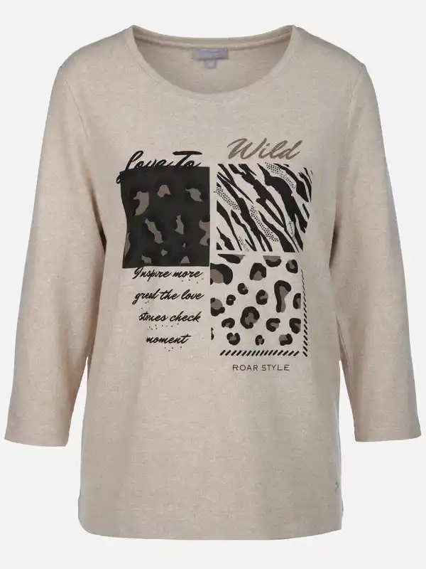 Bild 1 von Damen Flauschshirt mit Print und Glitzersteinchen Beige