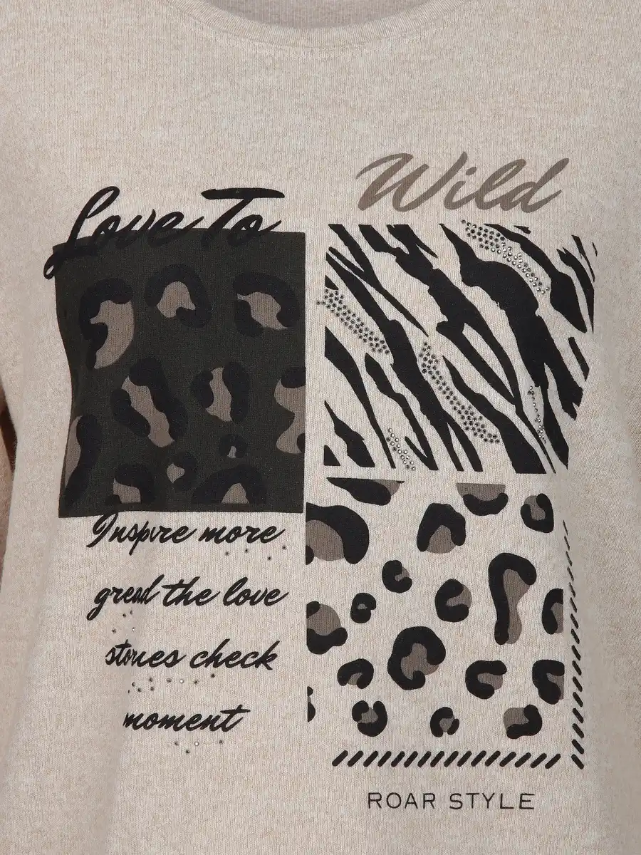 Bild 3 von Damen Flauschshirt mit Print und Glitzersteinchen Beige