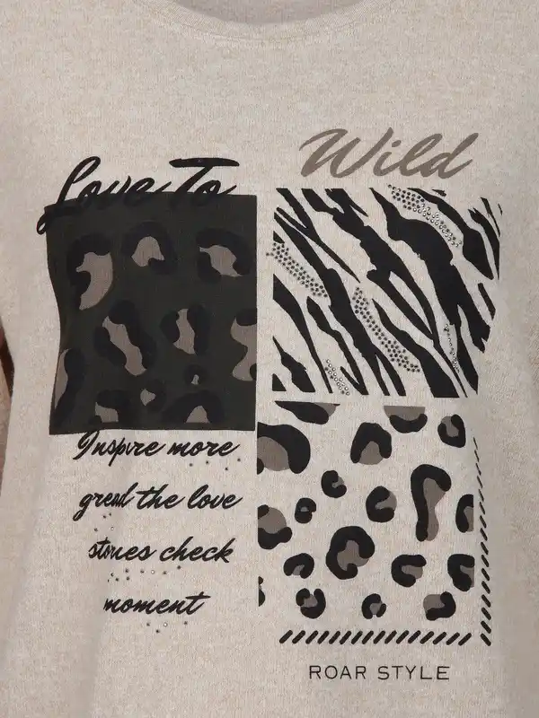 Bild 3 von Damen Flauschshirt mit Print und Glitzersteinchen Beige