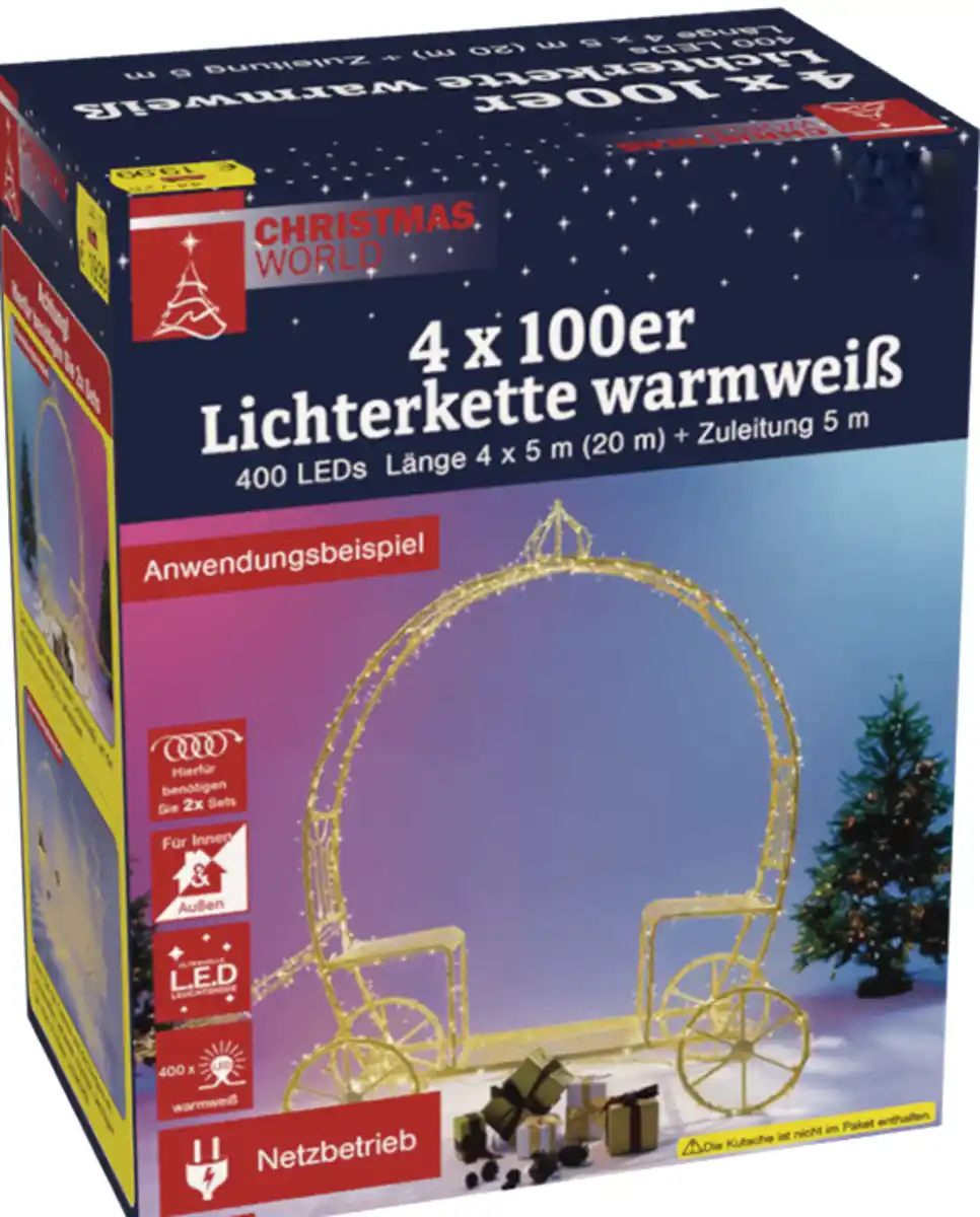 Bild 1 von 4er Set, Lichterkette 100 LED Länge 20m + 5m warmweiß