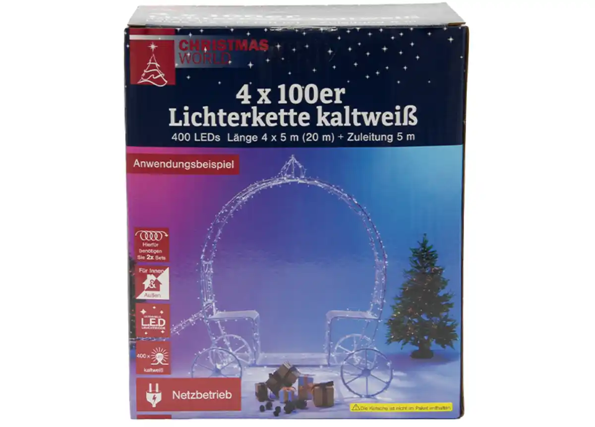 Bild 1 von 4er Set, Lichterkette 100 LED Länge 20m + 5m kaltweiß