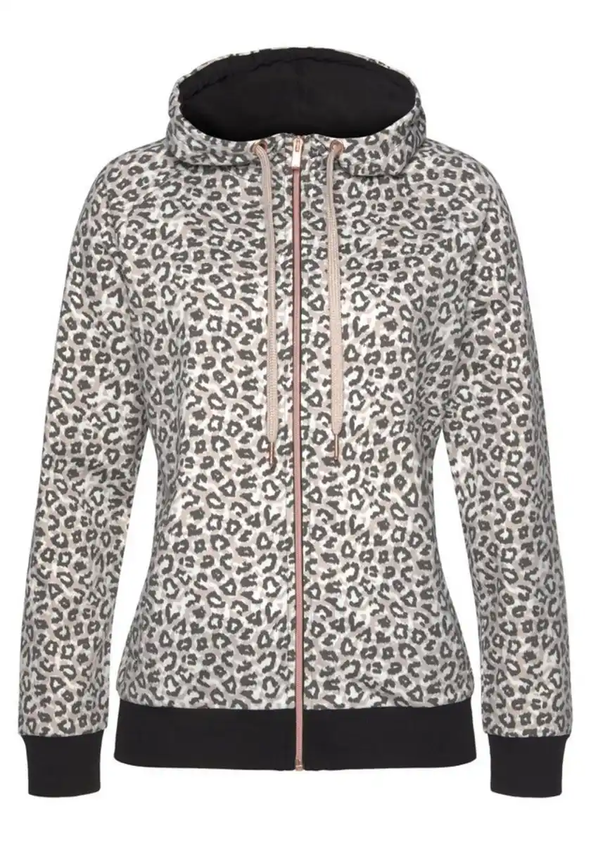 Bild 1 von LASCANA Kapuzensweatjacke / Sweatshirtjacke mit Details in Roségold und seitlichen Taschen, Loungeanzug, Beige|schwarz