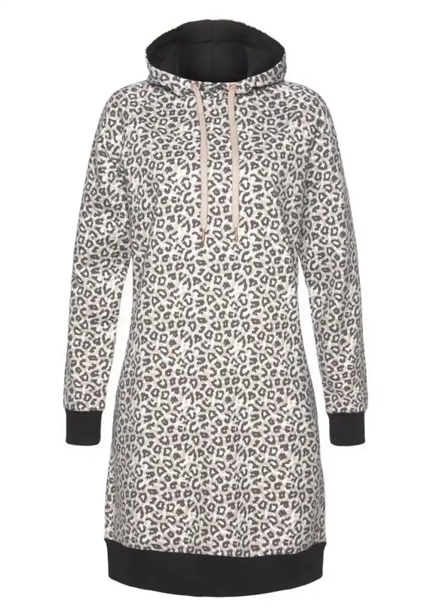 Bild 1 von LASCANA Sweatkleid mit Kapuze -seitlichen Eingrifftaschen und Rippbündchen, Beige|schwarz