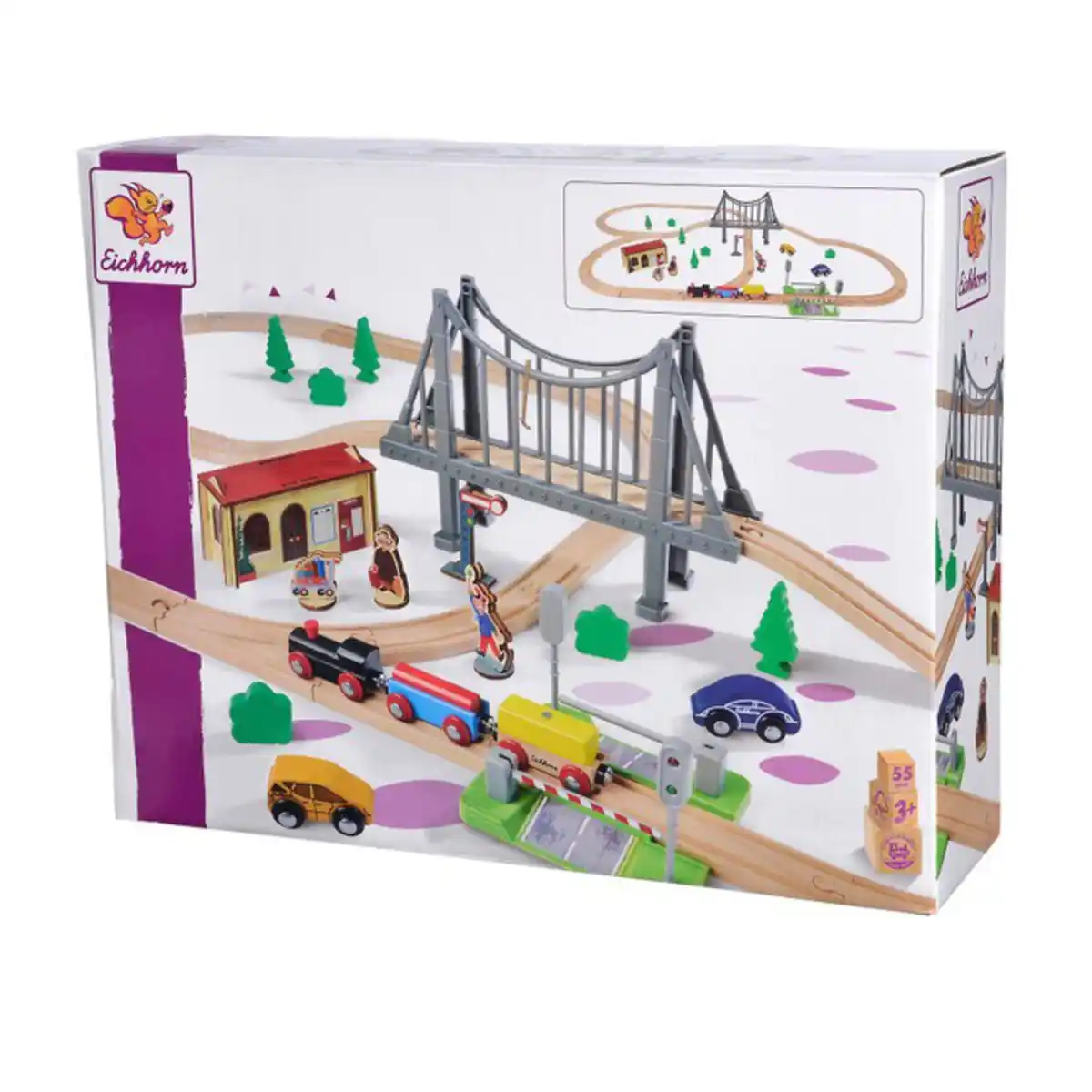 Bild 1 von Eichhorn - Holz-Bahnset mit Brücke und E-Lok - 56-tlg.