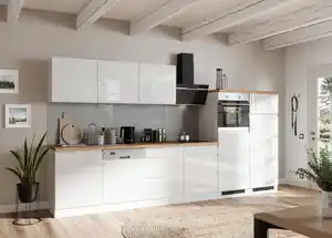 Küchenzeile Monza mit Geräten ca. 360 cm Weiß/Eiche, Weiß, Eiche Wotan, Weiß Hochglanz