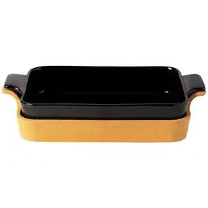 Costa Nova Auflaufform Ensemble, Schwarz Hochglanz, Braun, Keramik, Holz, Kork, rechteckig, 40x8x26 cm, Handmade in Europe, backofengeeignet, Kochen, Auflaufformen