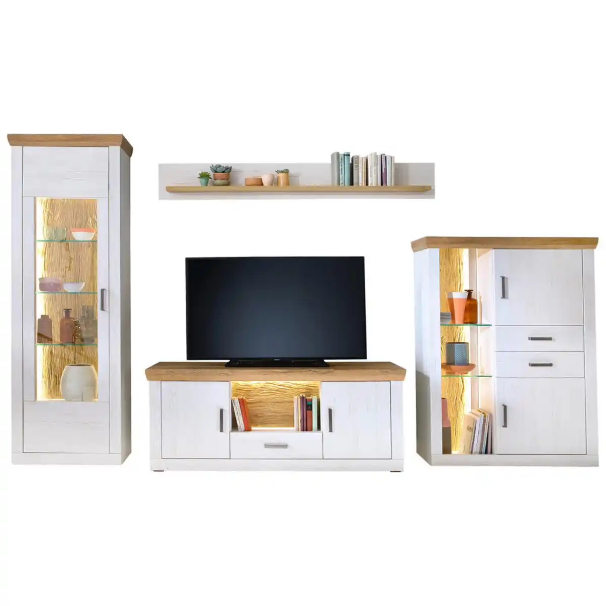 Bild 1 von Mid.you Wohnwand, Eiche, Pinien, Metall, 11 Fächer, 3 Schubladen, 351x205x50 cm, Made in EU, Wohnzimmer, Wohnwände, Wohnwand-Sets