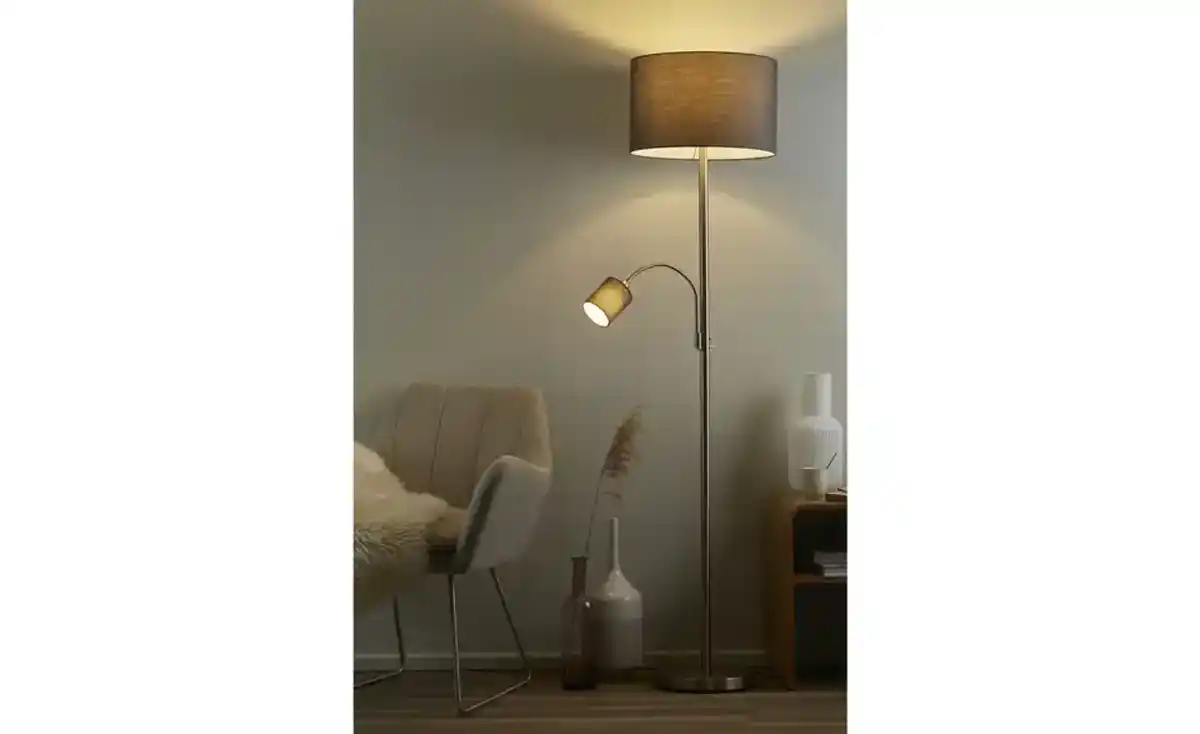 Bild 1 von Trio Stehleuchte, 2-flammig, nickel matt, Stoffschirm grau