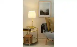 Trio Tischleuchte, 1-flammig, messing-matt, Stoffschirm weiß