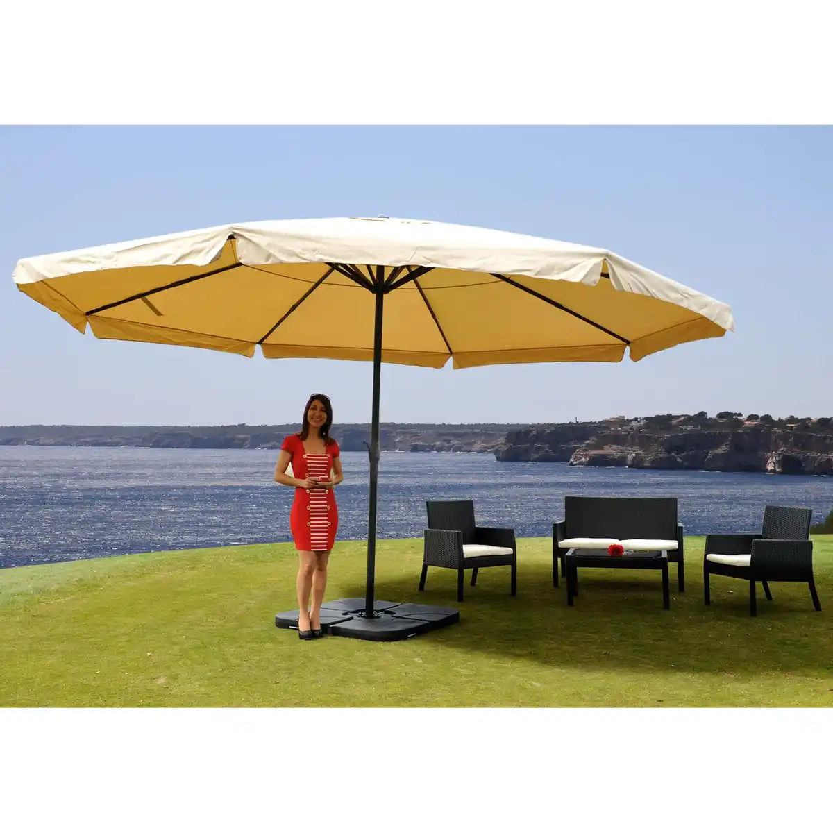 Bild 1 von Sonnenschirm Carpi Pro, Gastronomie Marktschirm mit Volant Ø 5m Polyester/Alu 28kg ~ creme mit Ständer
