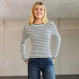 Damen-Zopfstrickpullover mit Ringelmusterung