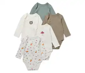 5 Baby-Bodys mit Mitwachsfunktion, weiß/braun/grün