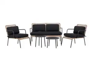 Loungegarnitur Paola 5-tlg. Rattan geflecht, Naturfarben, Schwarz, Dunkelgrau