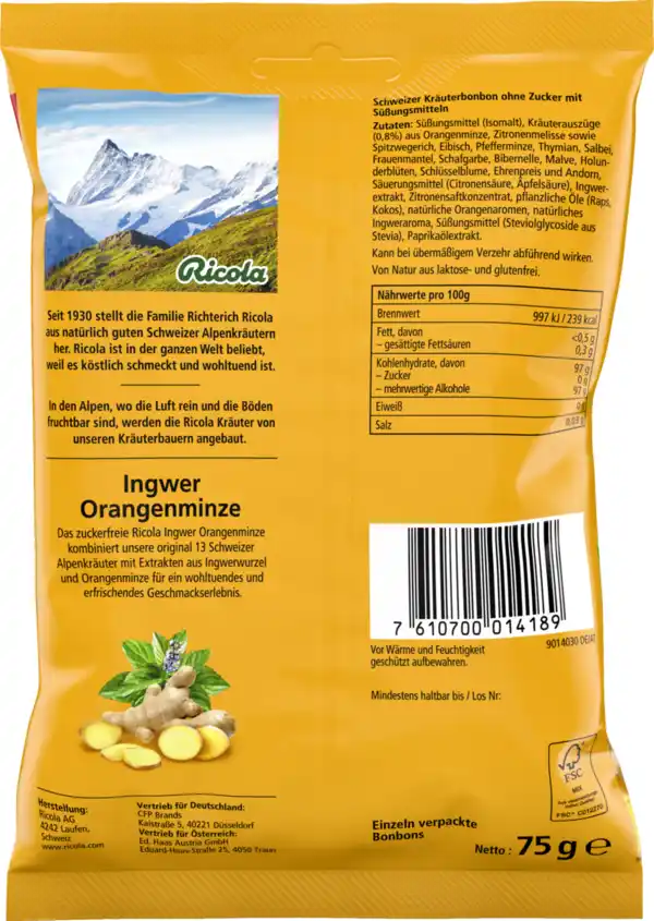 Bild 2 von Ricola Ingwer Orangenminze Bonbons zuckerfrei, 75 g
