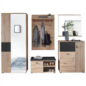 Voleo Garderobe, Schwarz, Eiche Artisan, Textil, Holzwerkstoff, 6-teilig, 282x202x38 cm, Garderobe, Garderoben-Sets & Serien, Garderoben-Sets