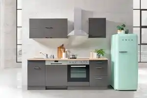 Küchenblock Mailand Anthrazit inkl. E-Geräte, Anthrazit, Eichefarben, Anthrazit Hochglanz