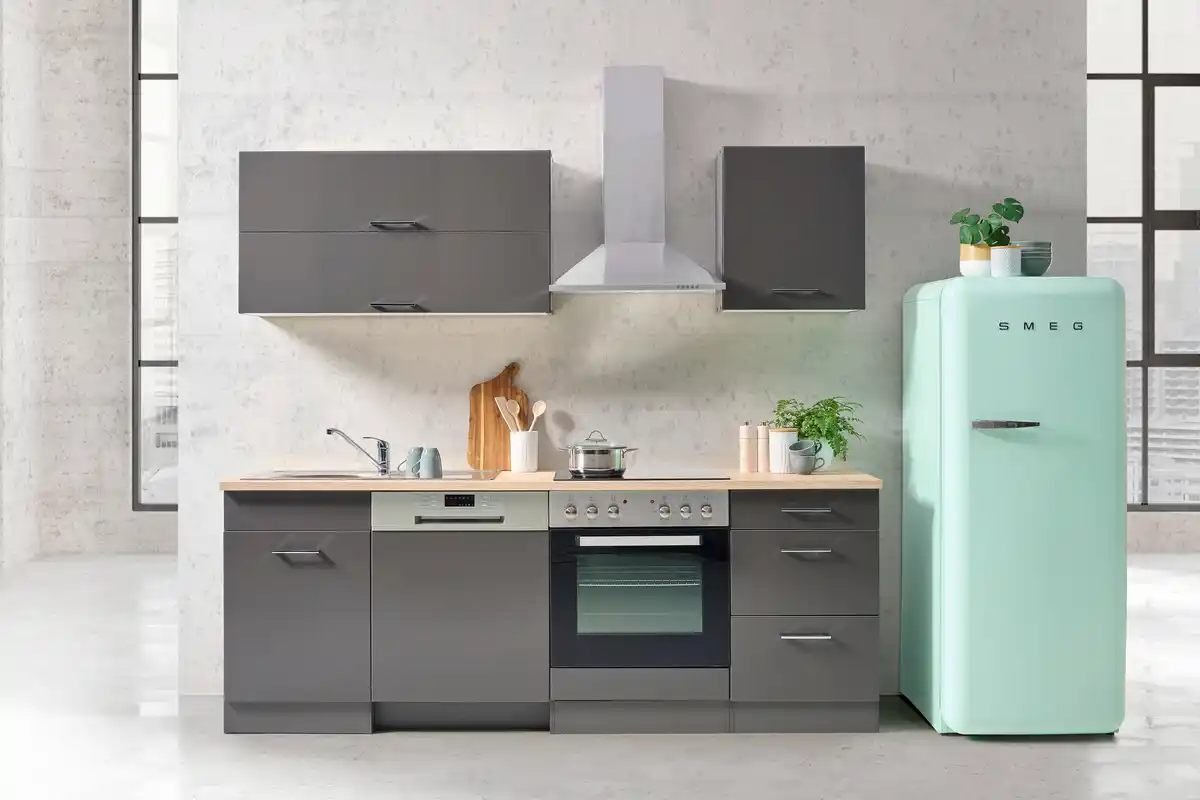 Bild 1 von Küchenblock Mailand Anthrazit inkl. E-Geräte, Anthrazit, Eichefarben, Anthrazit Hochglanz