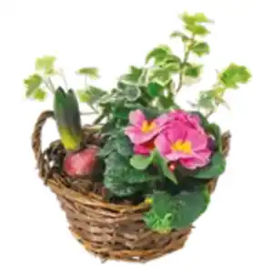 Bepflanzter Holzkorb mit Frühlingsblumen