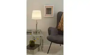 Trio Tischleuchte, 1-flammig, Nickel-matt, Stoffschirm weiß