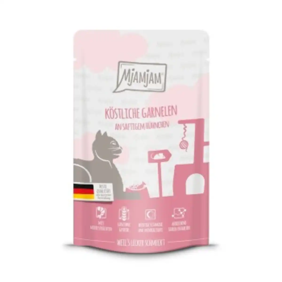 Bild 1 von MjAMjAM Nassfutter Katze Adult, Quetschie, Huhn und Garnelen 12x125 g